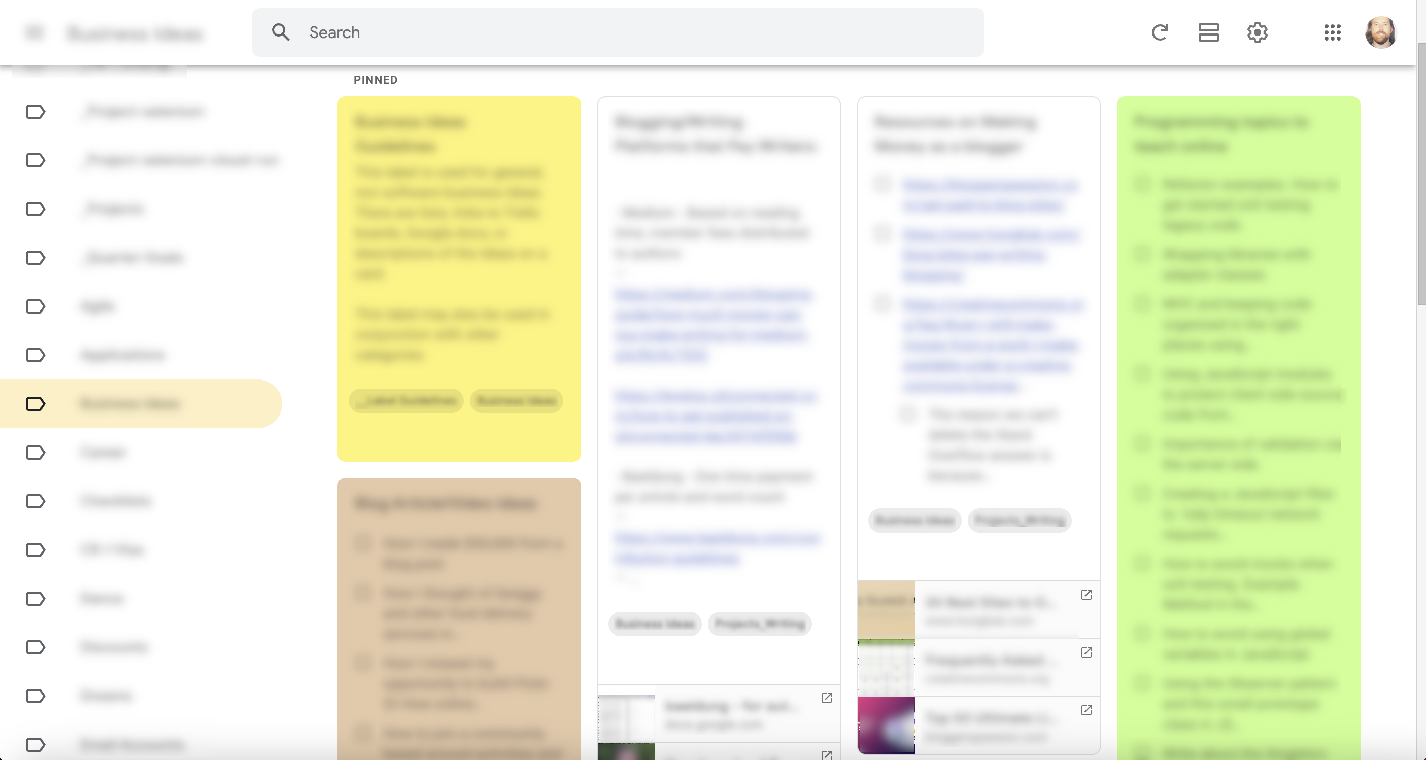 Screenshot of Google Keep, with some blurred out note cards of various colors.